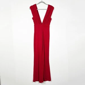 Misha Collection Stretch Knit Ruched Pleated Deep V Neck Sleeveless Jumpsuit Red - Picture 1 of 3