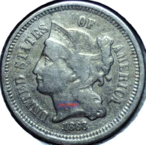 1868 U. S. THREE CENT NICKEL - KM# 95 - 17.9mm - .75 Copper/.25 Nickel - TCPN094 - Picture 1 of 7