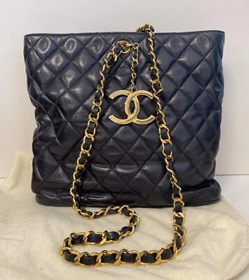 Authentic Vintage CHANEL CC Quilted Black Lambskin Leather Bucket Tote Bag - Image 1 of 4