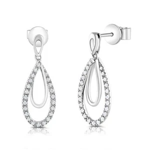 9ct White Gold Pear Drop 0.20ct Diamond Earrings 20mm Length Hallmarked - Picture 1 of 6