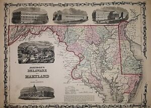 Old 1861 Johnson Atlas Map ~ Maryland - Delaware ~ Washington, Baltimore