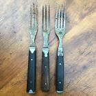Set of 3 Antique Civil War Era Steel, Pewter & Wood 3 / 4 Tine Meal Forks