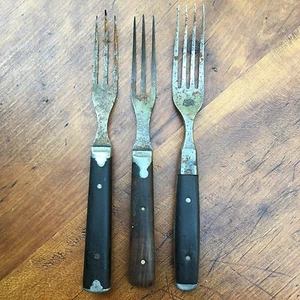 Set of 3 Antique Civil War Era Steel, Pewter & Wood 3 / 4 Tine Meal Forks - Picture 1 of 10