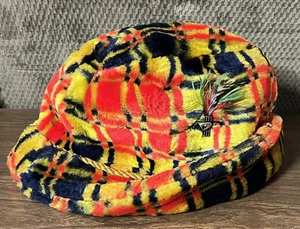 Vintage Faux Fur Fedora Hat w/ Mustang Emblem & Small Feathers ~ Yellow Red Blue - Picture 1 of 10