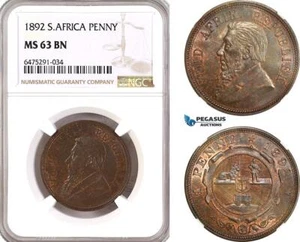 AH138, South Africa (ZAR) 1 Penny 1892, Berlin Mint, NGC MS63BN - Picture 1 of 1