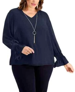 JM Collection Plus Size Smocked-Sleeve Necklace Top, Intrepid Blue Sz-2X - Picture 1 of 5