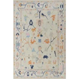 Cream Hand Knotted Wool Rug | Blue-Green Geometrical Turkish Oushak Rug - Picture 1 of 8
