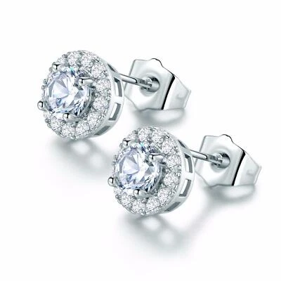 Orecchini Ø 10Mm Zirconia Bianca Oro Bianco 750 18 Carati Placcato Argento O1965 - Immagine 1 di 4