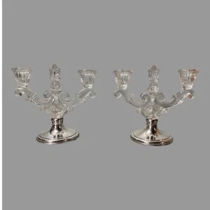 Pair Of Hawkes Sterling Silver & Ornate Glass 2 Light Candelabra Candlesticks - Picture 1 of 10