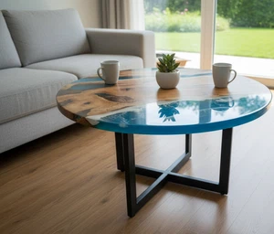 30" Epoxy Round Dining Table Top Ocean Coastal Design, Epoxy Resin Kitchen Table - Picture 1 of 10