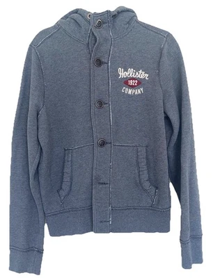 Vtg Y2K Hollister Button Front Hoodie Sweatshirt Men’s L Gray Embroidered — 第 1/4 张图片