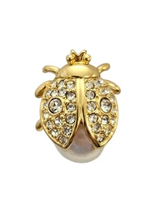 Napier Gold Tone Faux Pearl Clear Rhinestone Bug Pin, Signed - Picture 1 of 9