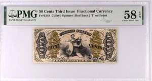 Fr-1349 , 50c Justice w/RED Back 1 on Front 3rd Issue, US Fractional, PMG 58 EPQ - Picture 1 of 2