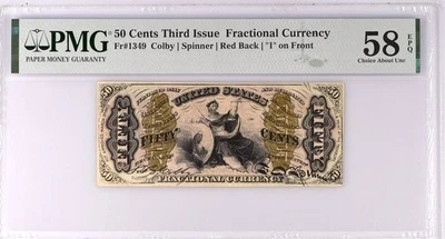 Fr-1349 , 50c Justice w/RED Back 1 on Front 3rd Issue, US Fractional, PMG 58 EPQ - Image 1 of 2