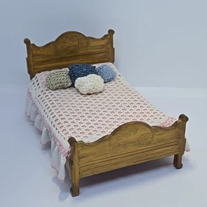 Miniature Dollhouse Artisan Made Wooden Cottage Bed + Crochet Bedding 1:12 OOAK - Picture 1 of 21