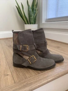BURBERRY Nova Check Worcester Gray Suede Ankle Moto Boots Women's 35.5 New! - Picture 1 of 17