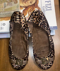 RALPH LAUREN "Betty" Cheetah Satin Slip-On Ballet Flats Shoes-8.5B-Gold RL Logo - Picture 1 of 7