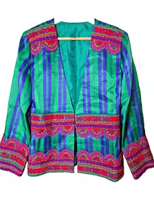 Chaqueta de seda vintage a medida en rayas verdes brillantes azules y rosas - Imagen 1 de 16