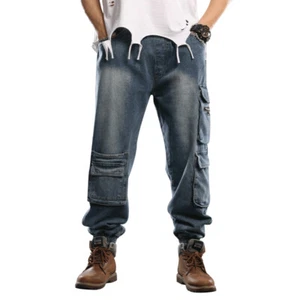 Men Loose Jeans Cargo Pocket Denim Pants Elastic Waist Straight Leg Trousers - Imagen 1 de 10