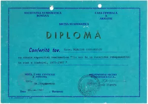Rumänien, 1987, Rumänische Numismatische Gesellschaft Diplom - Zentrales Armeehaus - Bild 1 von 1