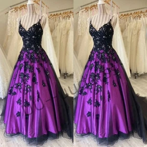Vestidos de novia góticos morados tirantes de espagueti apliques de cuentas vestidos de novia - Imagen 1 de 12