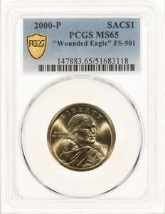 2000-P SAC$1 PCGS MS65 Wounded Eagle FS-901 Sacagawea Dollar Speared Variety - Picture 1 of 3