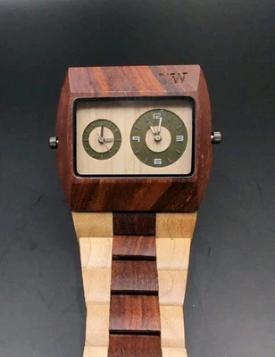 WeWood Jupiter Dual Time Natural Wood Quartz Watch New Battery Brown Rectangular - Image 1 of 4