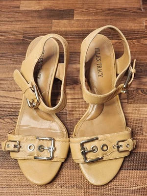 Sandalias de tacón ELLEN TRACY de cuero tostado/beige con tiras y hebilla para mujer talla US 7M Foto 1 de 4