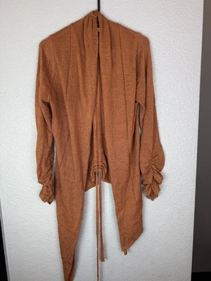 Arden B Cardigan Womens Medium Brown Ruched Sleeve Lightweight Open Front Tie - Image 1 of 4