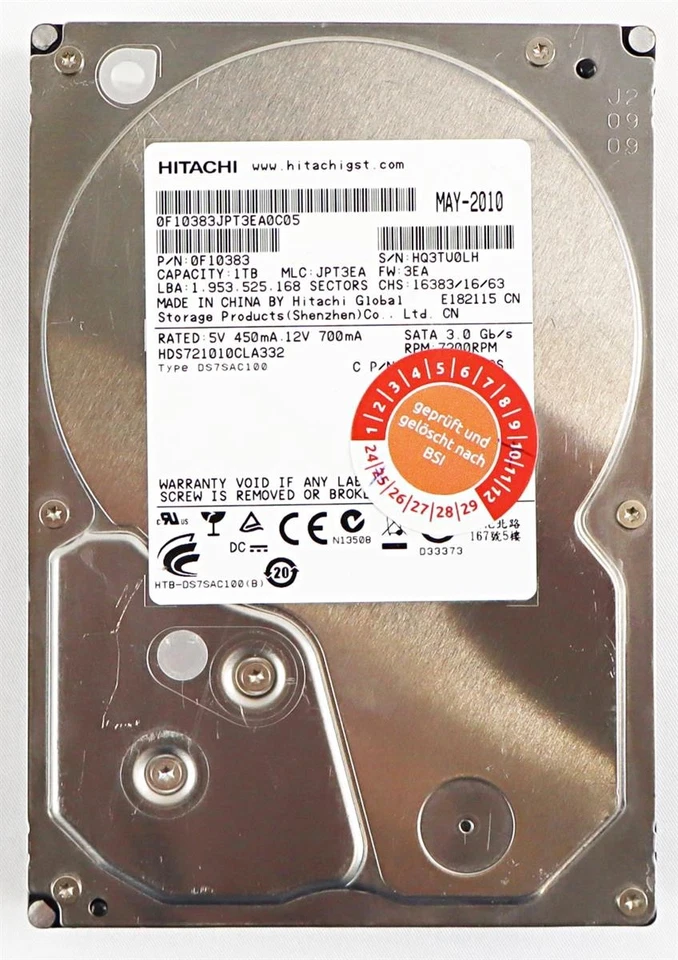 Hitachi HDD 1TB 3,5" 7200upm SATA Festplatte HDS721010CLA332 252223 - Bild 1 von 3