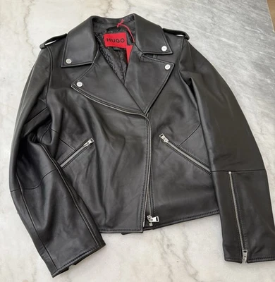 HUGO Regular-fit biker jacket in leather with asymmetrical zip - Image 1 of 4