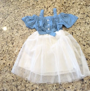 Toddler Girls Cold Shoulder Mesh Hem Dress size 130 blue and white - Picture 1 of 9