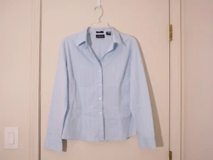 NEW YORK & COMPANY City Stretch Blue Cotton Blend Striped Long Sleeve Shirt Sz L - Picture 1 of 4