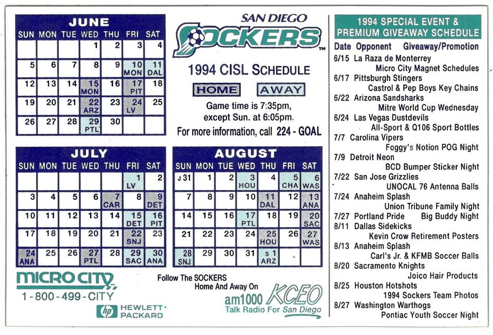 1994 San Diego Sockers CISL Magnet Soccer Schedule !!! — 第 1/1 张图片