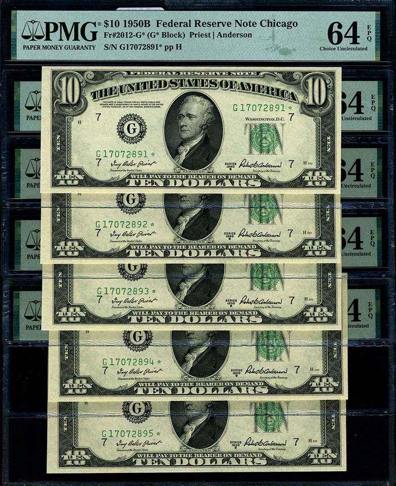 FR. 2012 G* $10 1950-B Federal Reserve Note Chicago G-* Block Choice PMG CU64 EP - Image 1 of 2