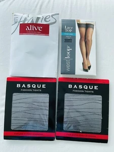 4 NEW Pantyhose Basque Black Tall Hanes Alive Control Top C Lace Top Thigh High - Picture 1 of 2