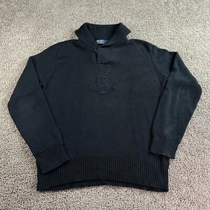 VINTAGE Polo Ralph Lauren Sweater Mens L Black Linen Blend Anchor Shawl Collar - Picture 1 of 10