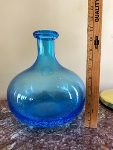 LARGE Blue Demijohn Studio Blown Glass bottle Crackled Bottom Polished Pontil - Picture 1 of 13