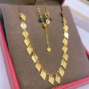 18K Yellow Gold Chain Women Lucky Rhomboid Tassel O Link Necklace 17.7inch - Picture 1 of 5