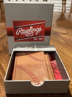 New! Rawlings Genuine Leather Tan Baseball Stitch Wallet Cardholder Money Clip - Image 1 of 4
