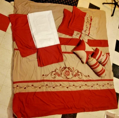 Edredón Queen vintage, manta, falda, farsa, 3 almohadas, rojo borgoña tostado beige Foto 1 de 4