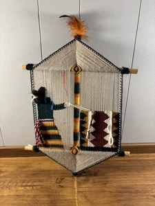 Vintage Fiber Art Woven Wall Hanging Woman Weaving At Loom Navajo 16x12 Handmade - Picture 1 of 5