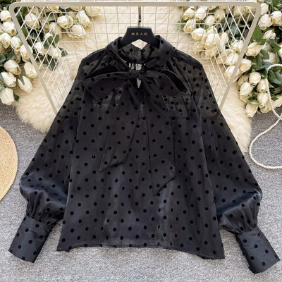 Camicia Maglia Blusa Donna Camicetta Nero Trasparente Pois Morbida Raso 35145 - Immagine 1 di 3