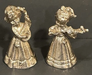Vintage Miniature 2 Pewter Girls Figurines Violin & Mandolin Band Choir - Picture 1 of 14