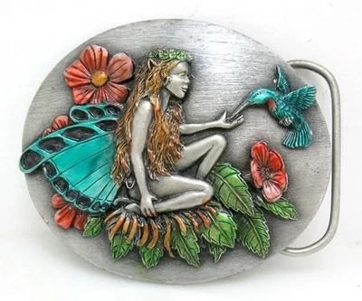 Cinturón de hadas vintage Bergamota hebilla esmalte colibrí flores ninfa 1984 EE. UU. Foto 1 de 4