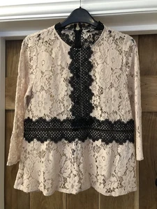 ZARA Lace Top Blouse Women’s Nude Beige / Pink Contrast Black Sz S - Picture 1 of 8