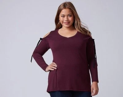 Camisa Top Lane Bryant Talla Grande VINO PÚRPURA HOMBRO FRÍO con Terciopelo 14/16 1X Nueva Foto 1 de 3