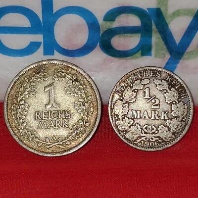 ✅️⭐️ 1926 A German 1 Mark - 1906 A ½ Mark SILVER - Old Coins - Image 1 of 4