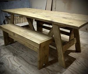 BEAUTIFUL RUSTIC BESPOKE OLD CHARM DINING/KITCHEN TRESTLE TABLE WITH TWO BENCHES - Picture 1 of 9