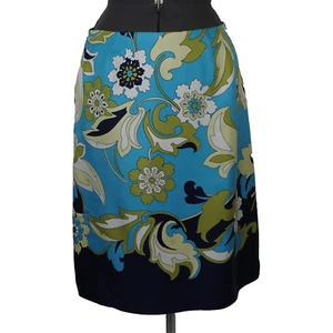 Ann Taylor Silk Satin Pencil Skirt Blue Green Bold Mod Floral Print sz 6P - Picture 1 of 13